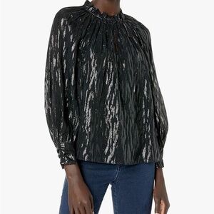 NWT Rebecca Taylor Black Metallic Safari Long Sleeve Button-Up Silk Blouse Top 4